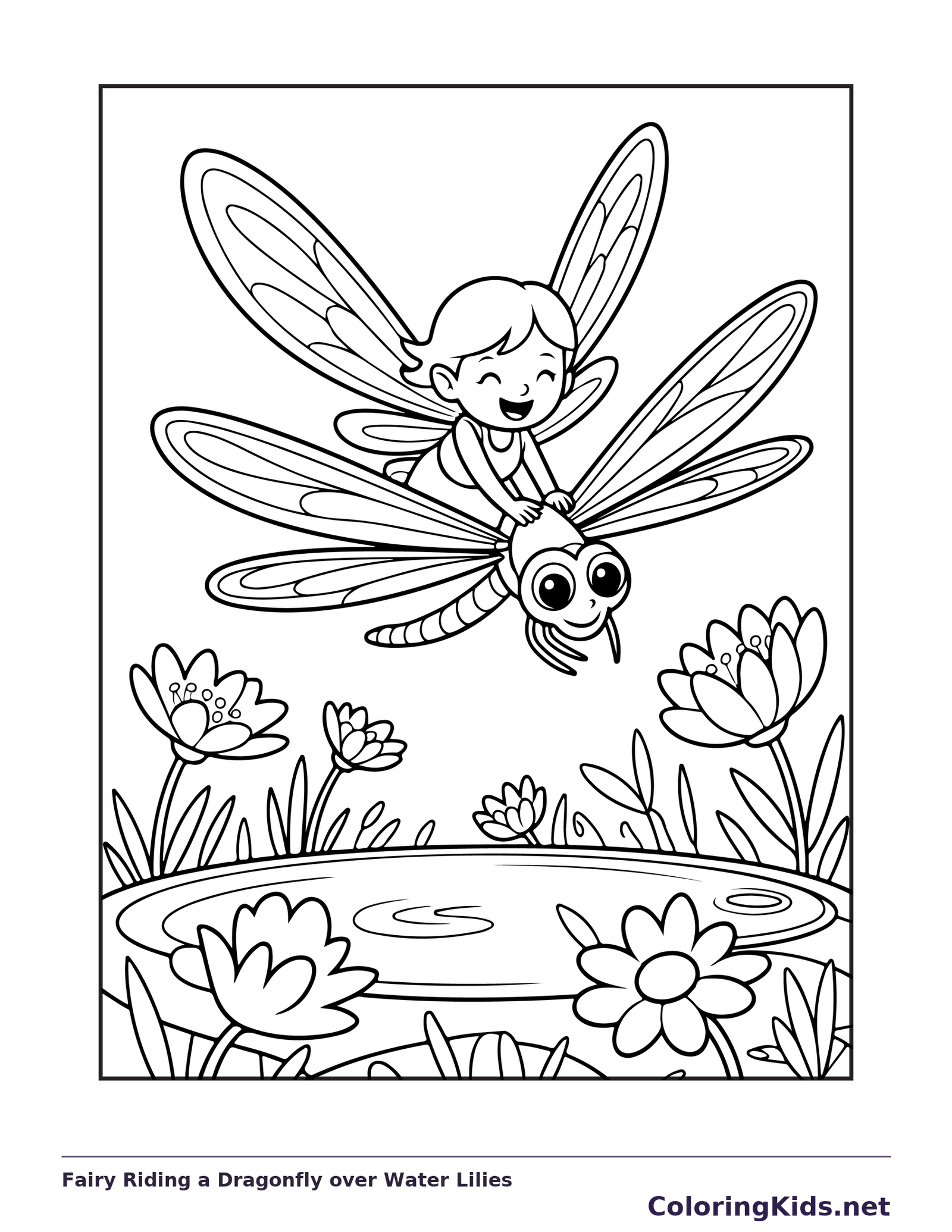 Black and white printable drawing of fairy riding a dragonfly over water lilies and pond ripples