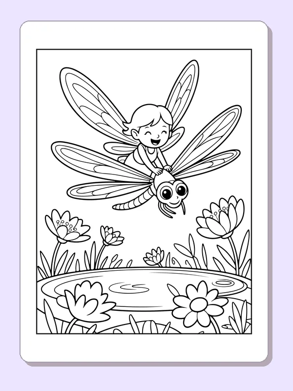 Black and white printable drawing of fairy riding a dragonfly over water lilies and pond ripples