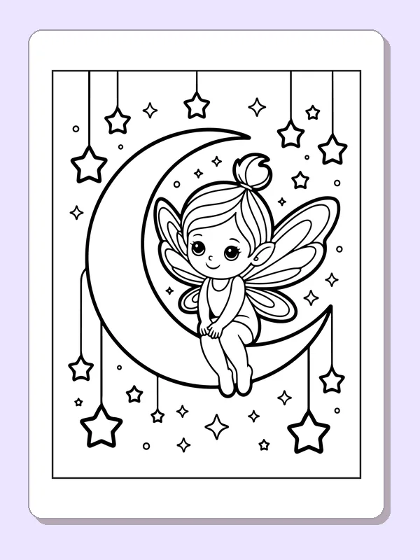 Black and white printable drawing of fairy sitting on a crescent moon amid hanging stars