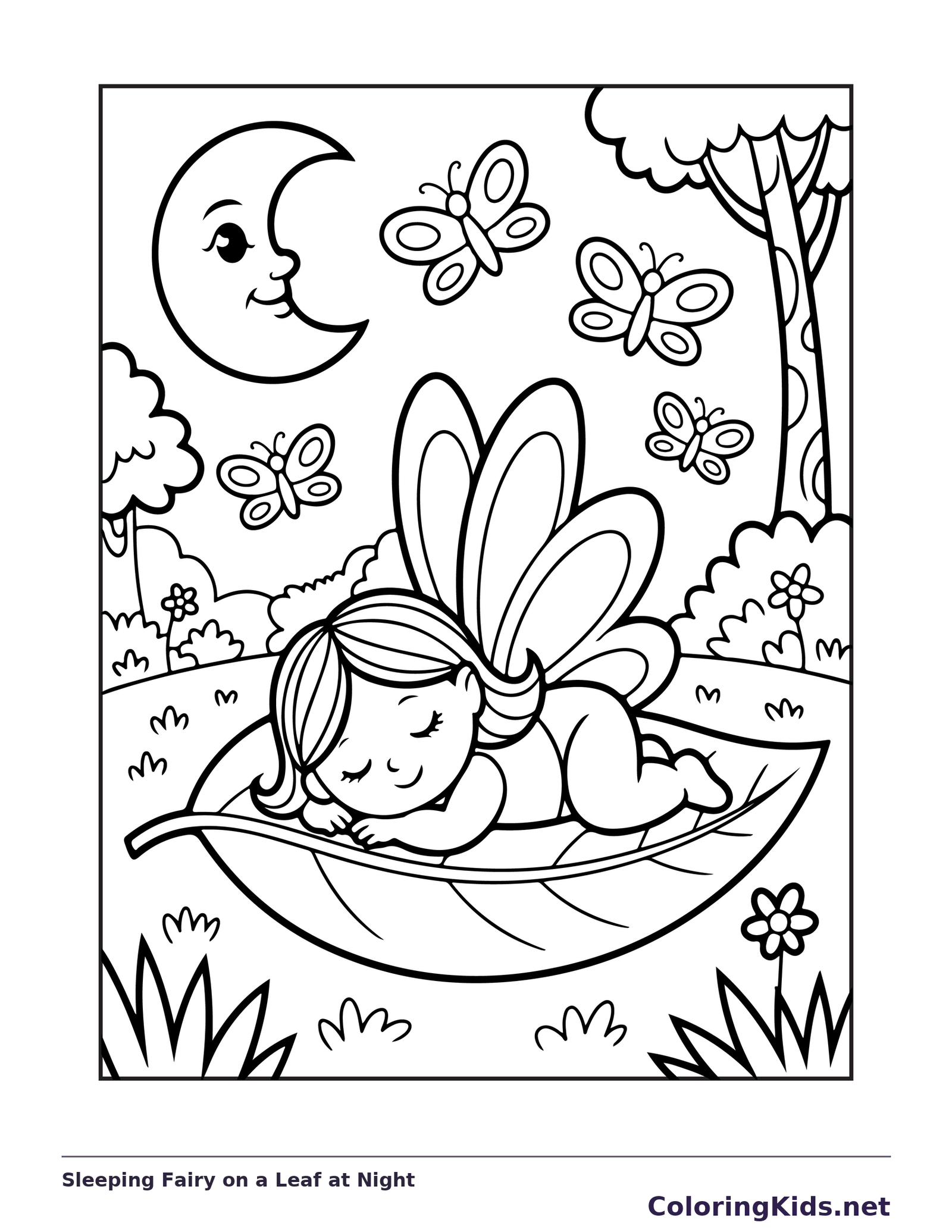 Black and white printable drawing of sleeping fairy curled on a leaf under a crescent moon