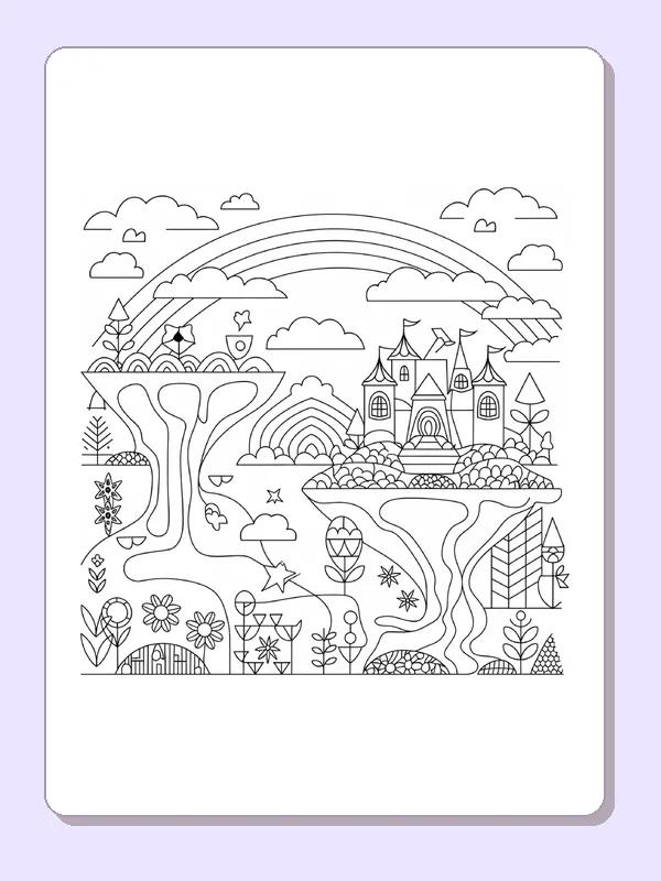 Black and white printable castle over the waterfall coloring sheet