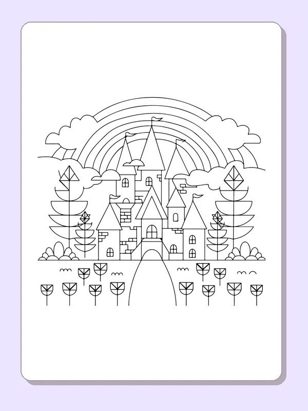 Black and white printable castle with a flower path coloring sheet