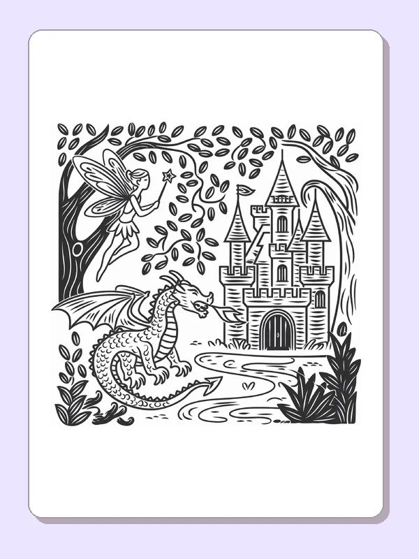 Black and white printable dragon at the castle gate coloring sheet