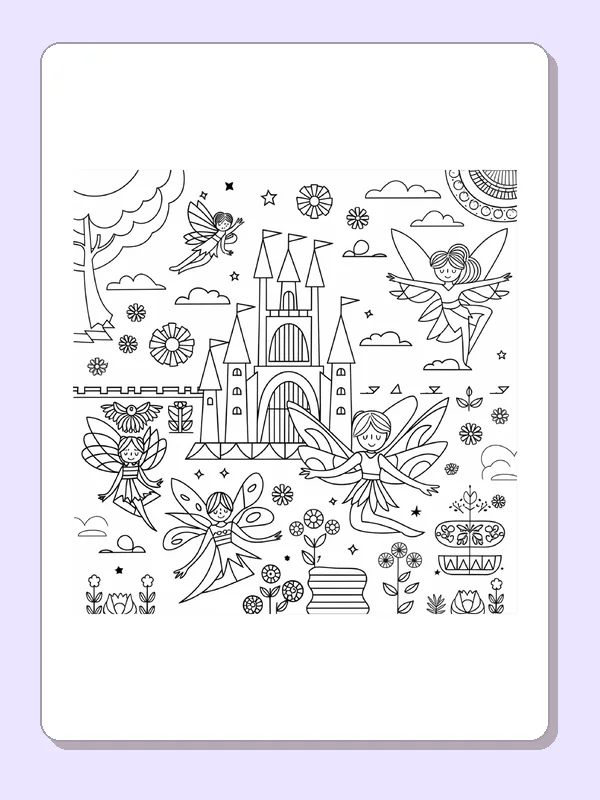 Black and white printable fairies around the castle coloring sheet