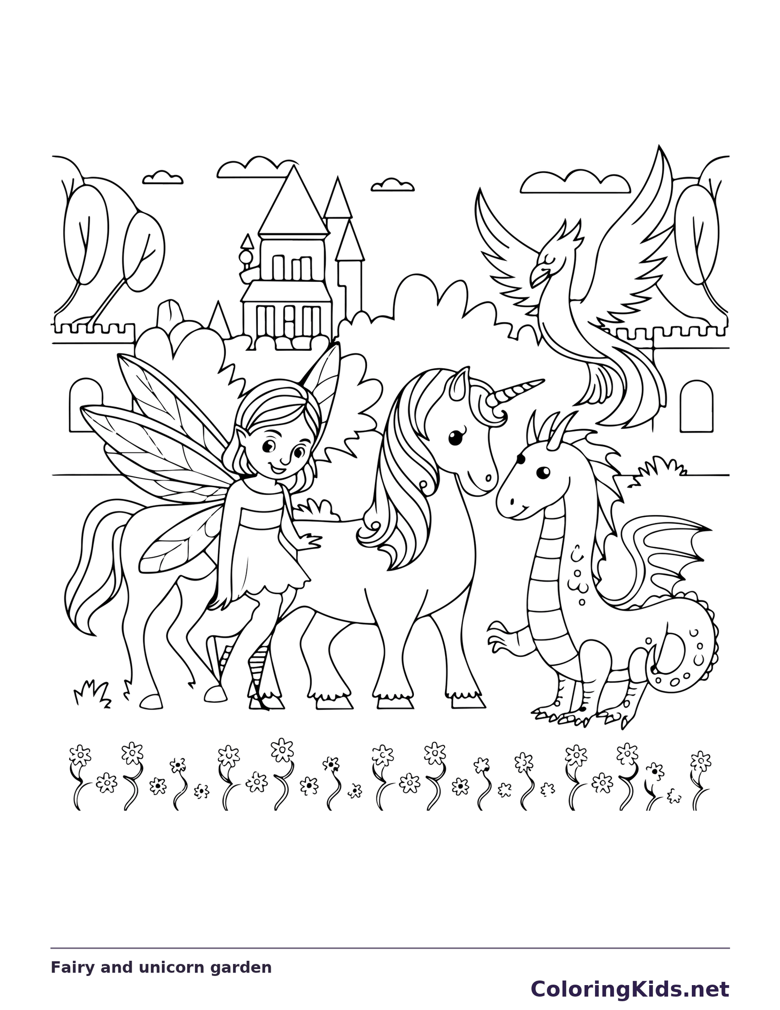 Black and white printable fairy and unicorn garden coloring sheet