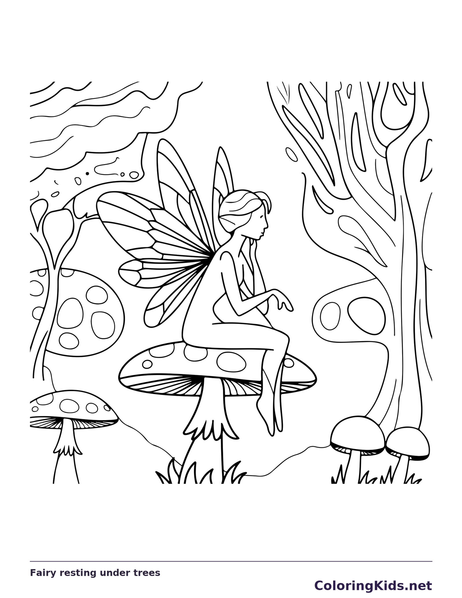 Black and white printable fairy resting under trees coloring sheet