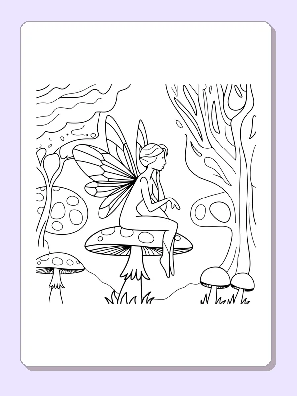 Black and white printable fairy resting under trees coloring sheet