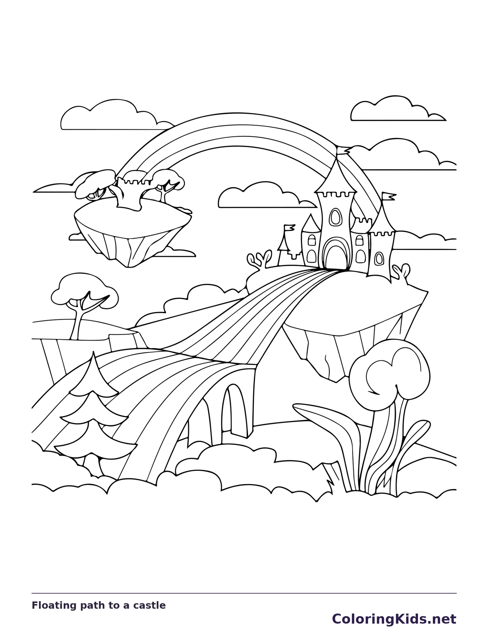 Black and white printable floating path to a castle coloring sheet