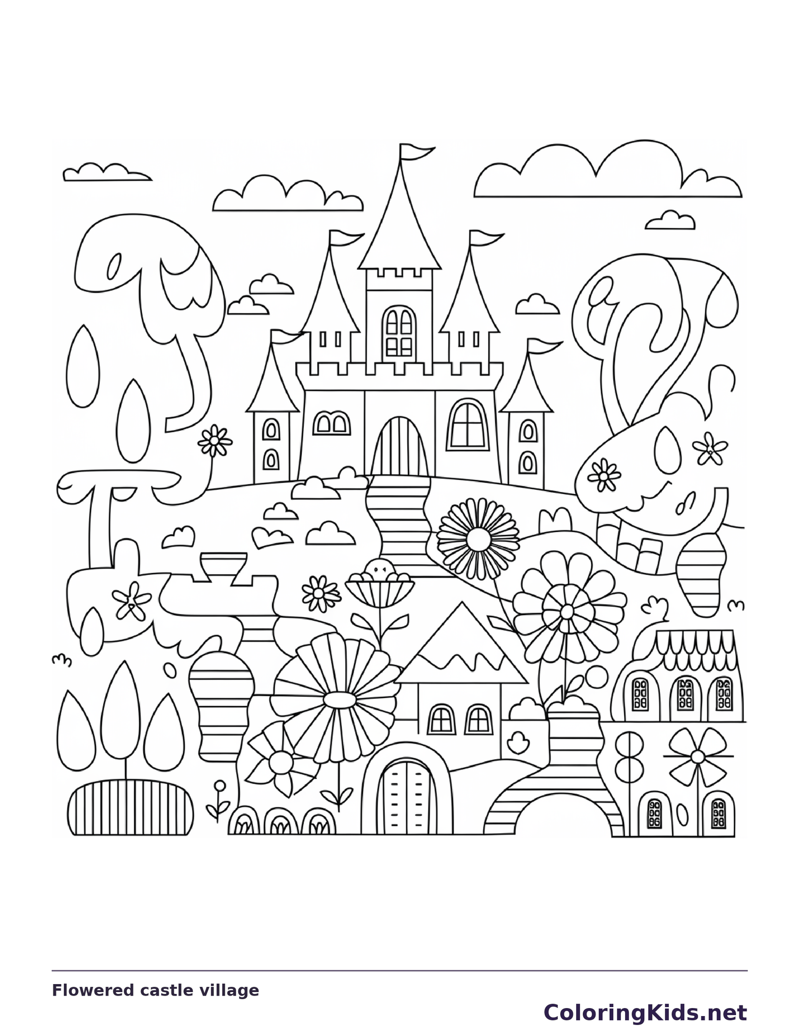 Black and white printable flowered castle village coloring sheet