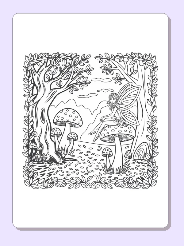 Black and white printable mushroom woodland doorway coloring sheet