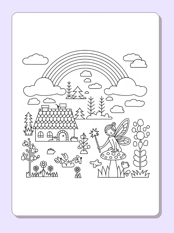 Black and white printable rainbow above a woodland home coloring sheet