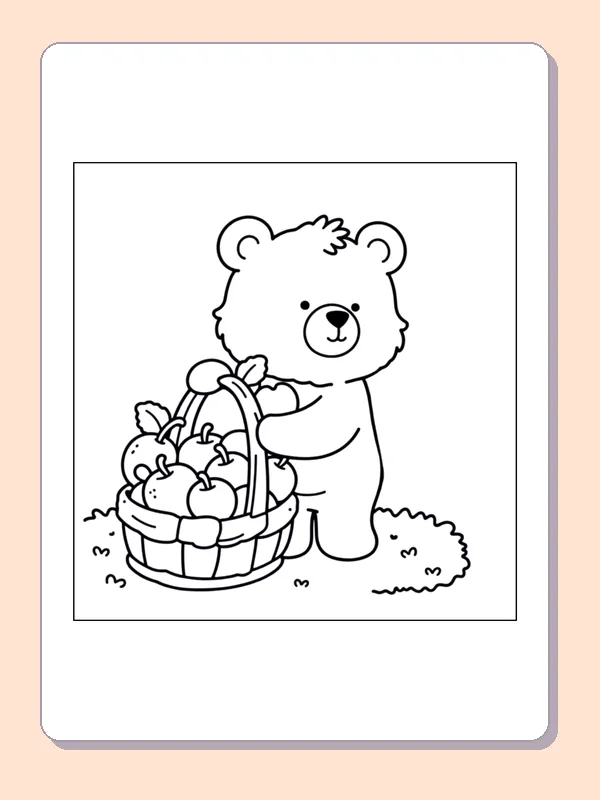 Bear Carrying an Apple Basket coloring page, black and white printable line art