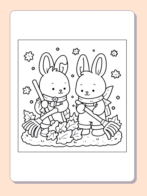 Bunnies in Scarves Among Leaves coloring page, black and white printable line art