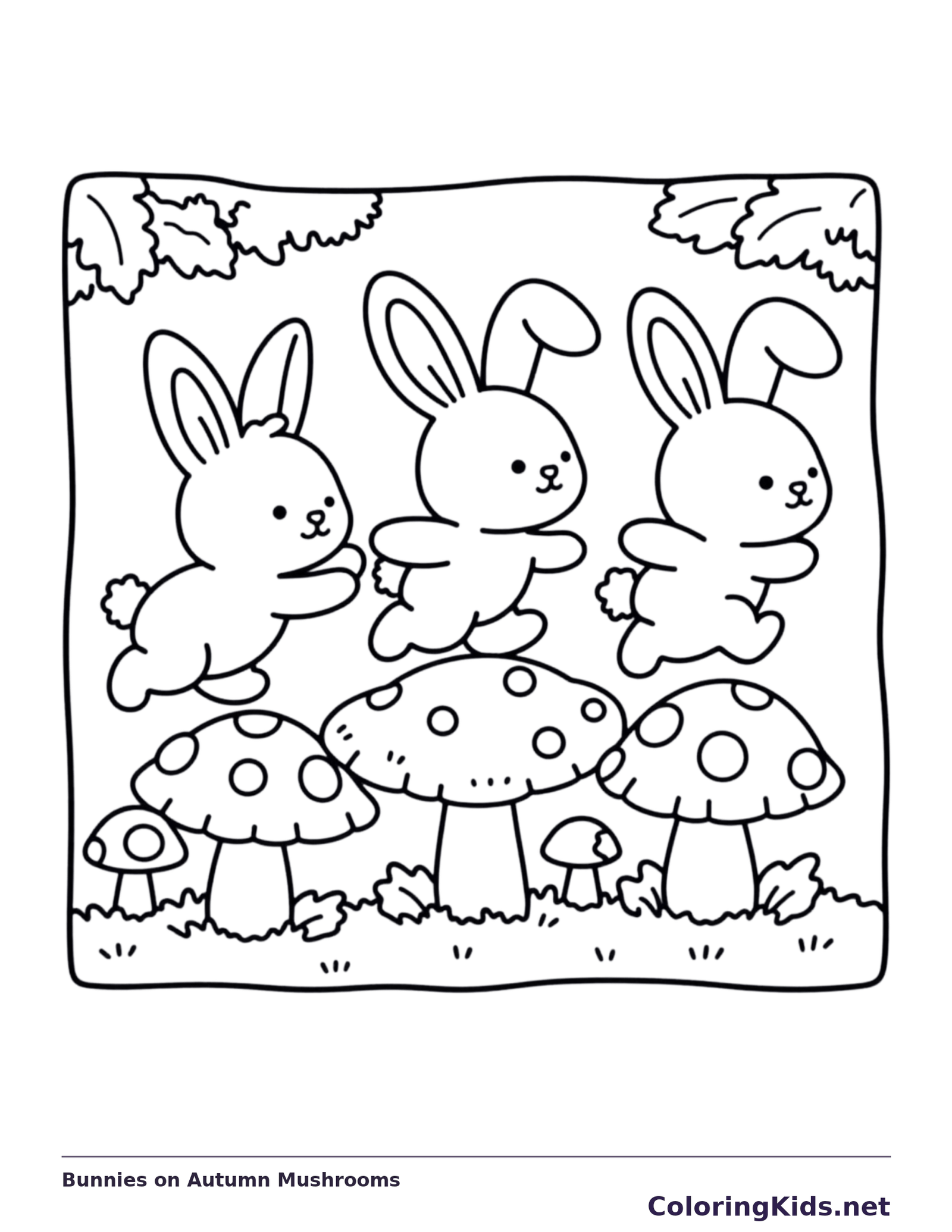 Bunnies on Autumn Mushrooms coloring page, black and white printable line art