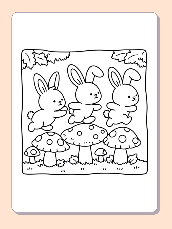 Bunnies on Autumn Mushrooms coloring page, black and white printable line art