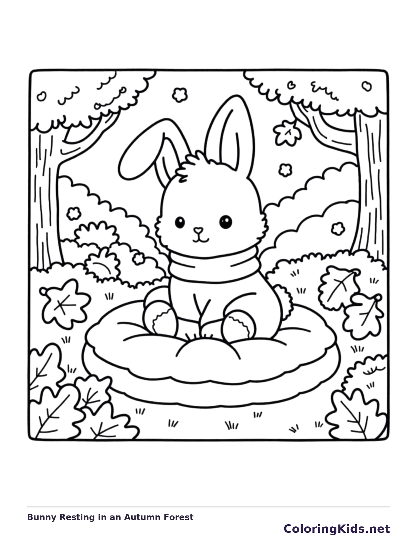 Bunny Resting in an Autumn Forest coloring page, black and white printable line art
