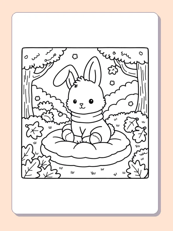 Bunny Resting in an Autumn Forest coloring page, black and white printable line art