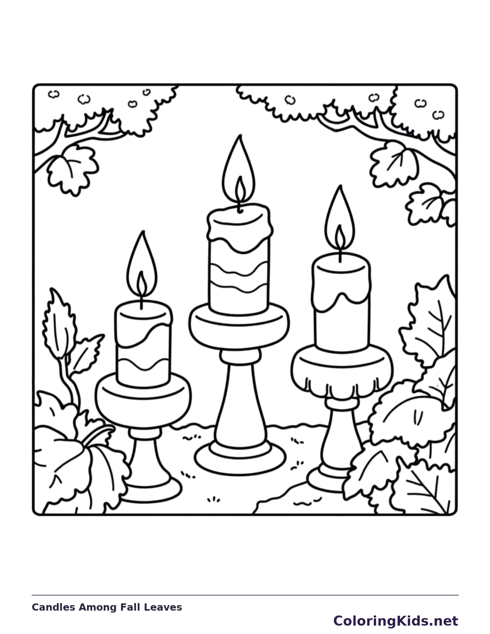 Candles Among Fall Leaves coloring page, black and white printable line art