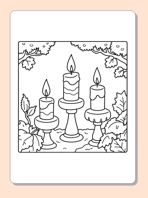 Candles Among Fall Leaves coloring page, black and white printable line art