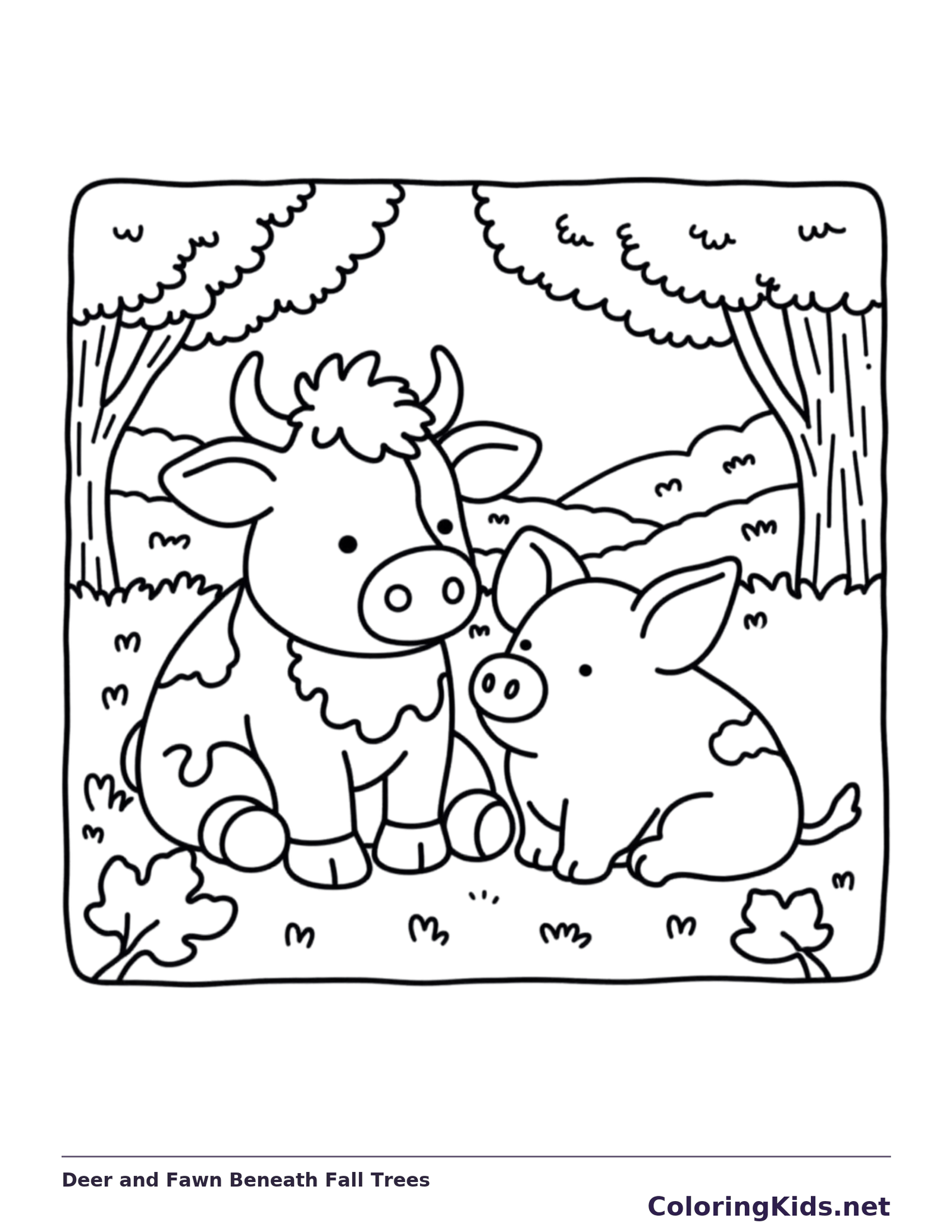 Deer and Fawn Beneath Fall Trees coloring page, black and white printable line art