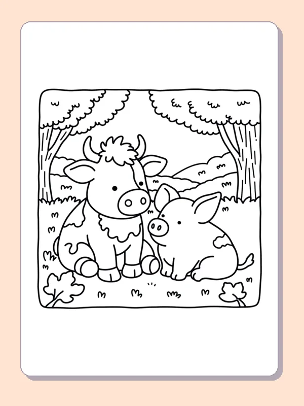 Deer and Fawn Beneath Fall Trees coloring page, black and white printable line art