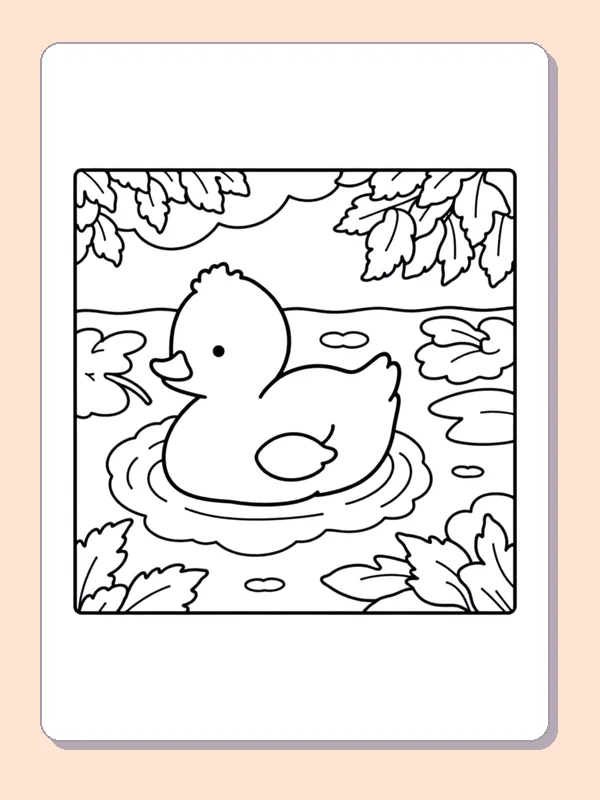 Duck Floating in a Leafy Pond coloring page, black and white printable line art