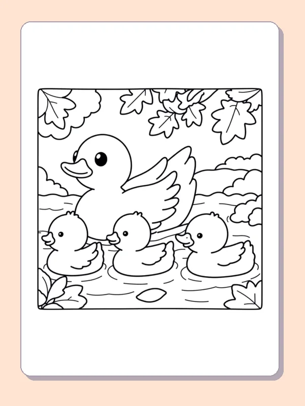 Ducklings by an Autumn Pond coloring page, black and white printable line art