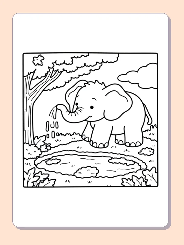 Elephant by a Woodland Stream coloring page, black and white printable line art