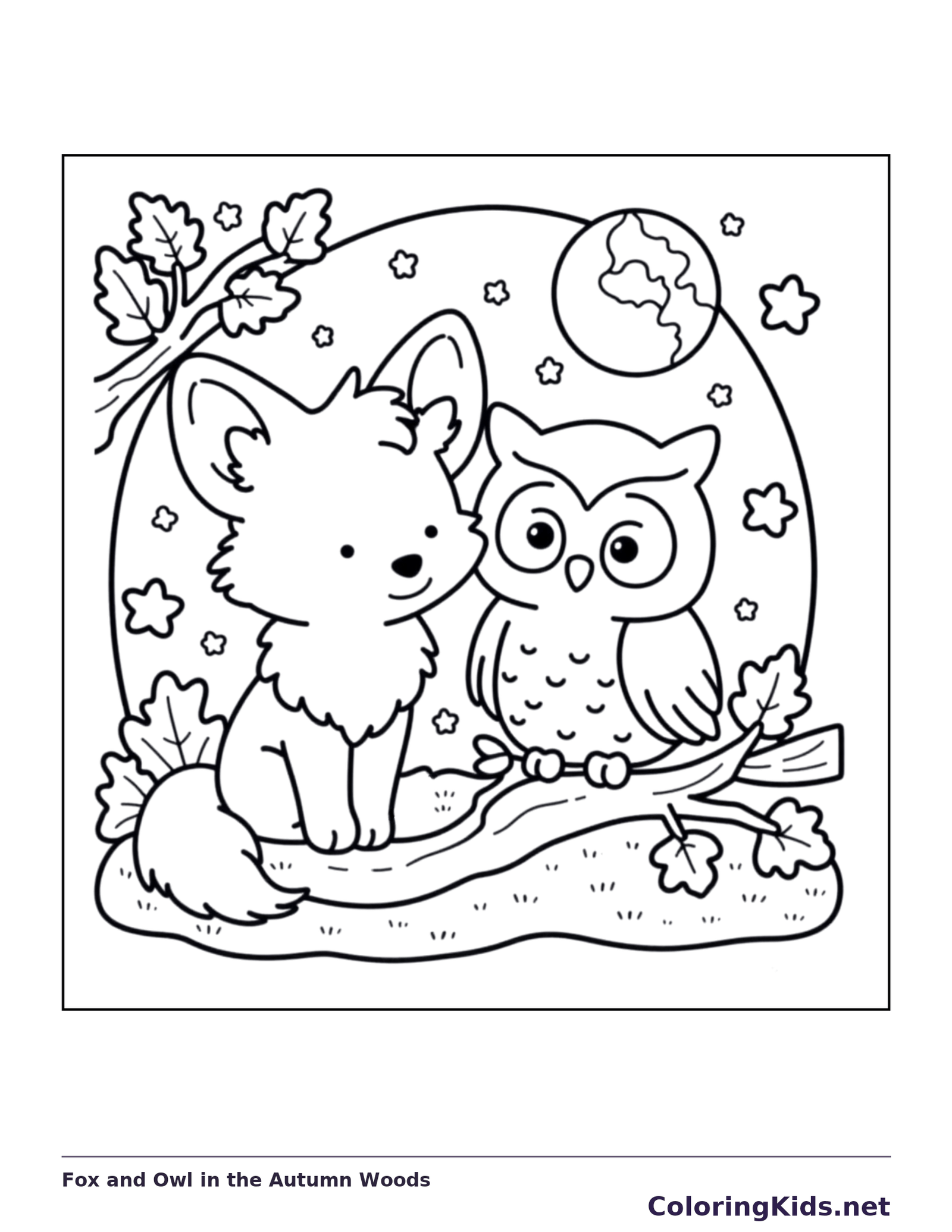 Fox and Owl in the Autumn Woods coloring page, black and white printable line art