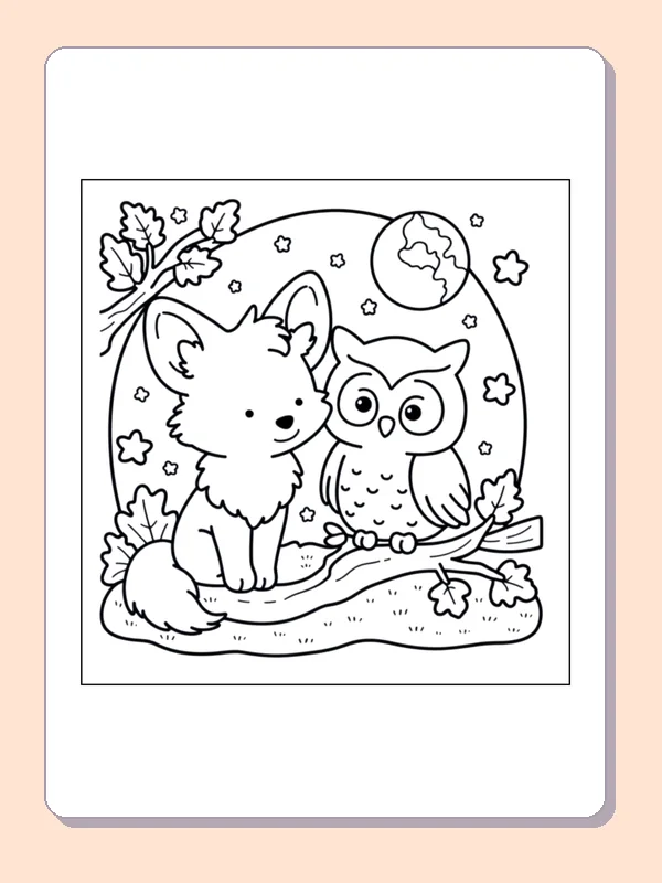 Fox and Owl in the Autumn Woods coloring page, black and white printable line art