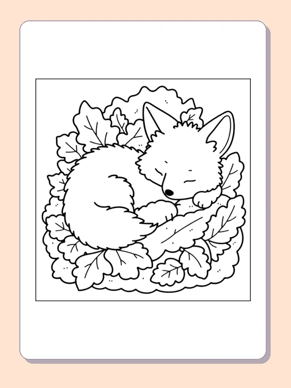 Fox Sleeping in a Pile of Leaves coloring page, black and white printable line art