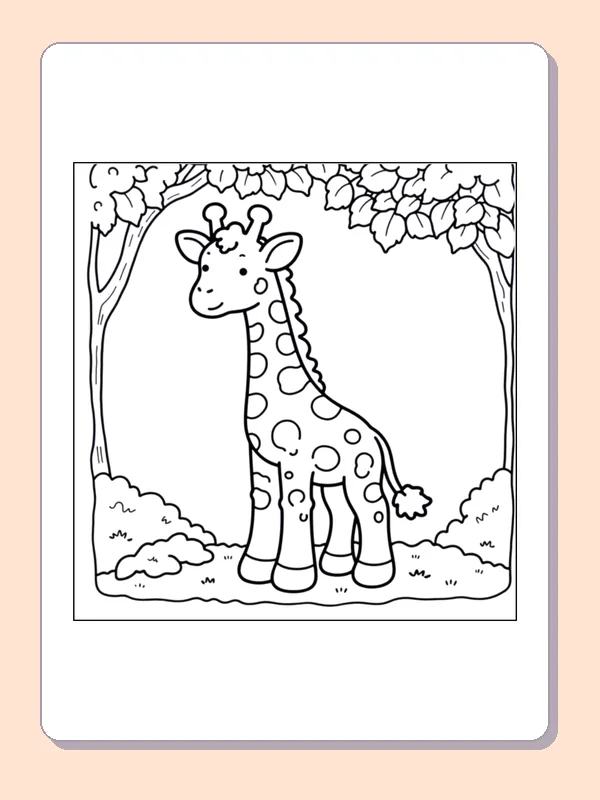 Giraffe Beneath Fall Trees coloring page, black and white printable line art