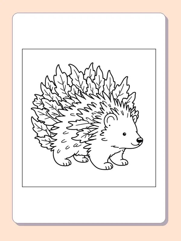 Hedgehog Gathering Fall Leaves coloring page, black and white printable line art