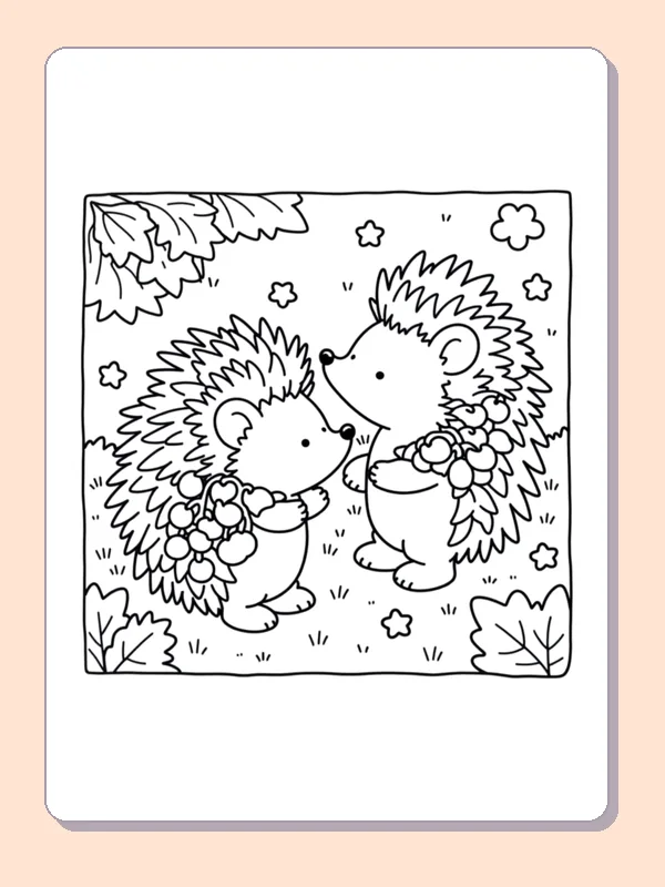 Hedgehogs Sharing Autumn Flowers coloring page, black and white printable line art