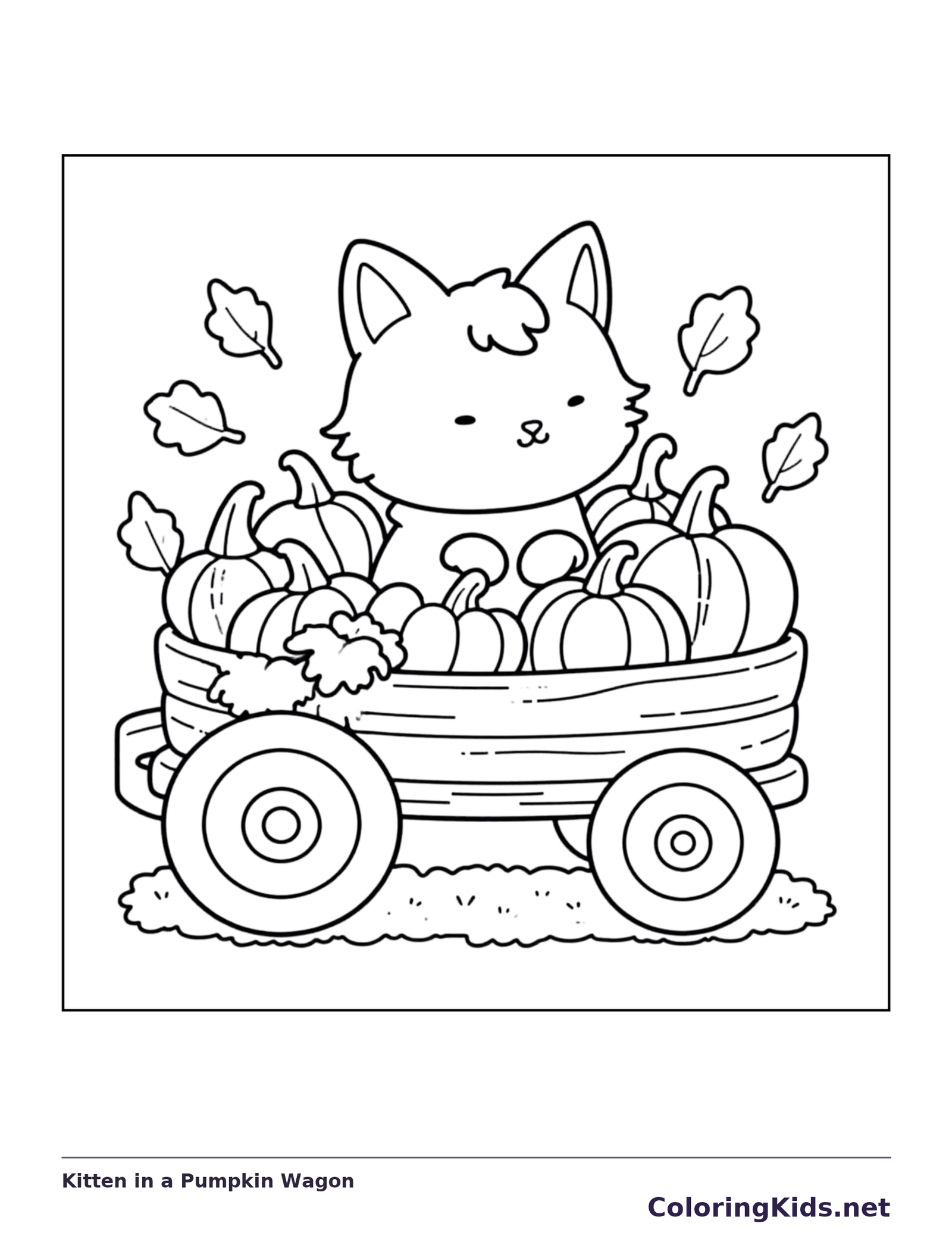 Kitten in a Pumpkin Wagon coloring page, black and white printable line art