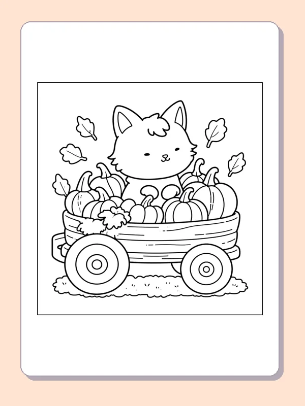 Kitten in a Pumpkin Wagon coloring page, black and white printable line art