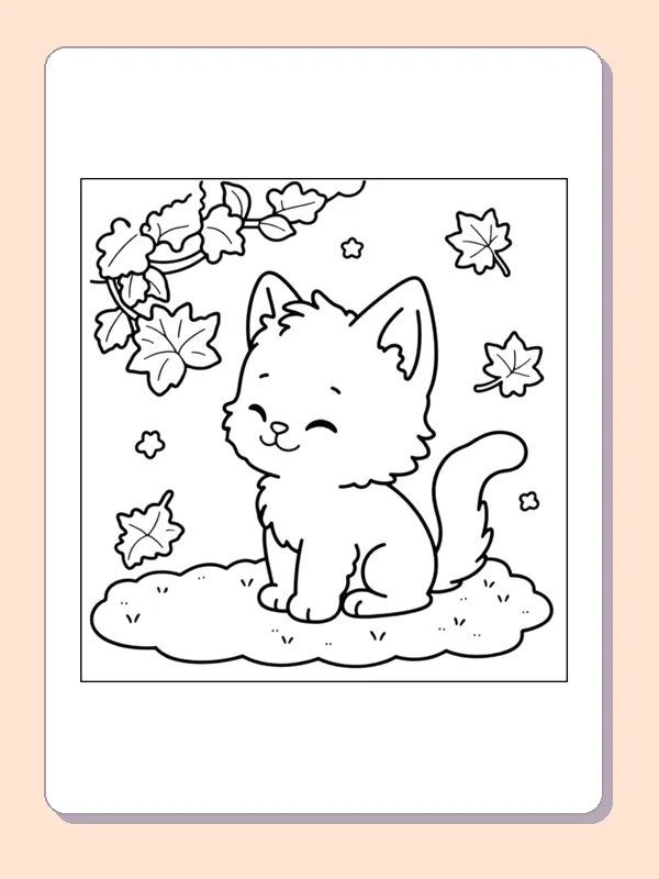 Kitten Sitting Under Fall Leaves coloring page, black and white printable line art