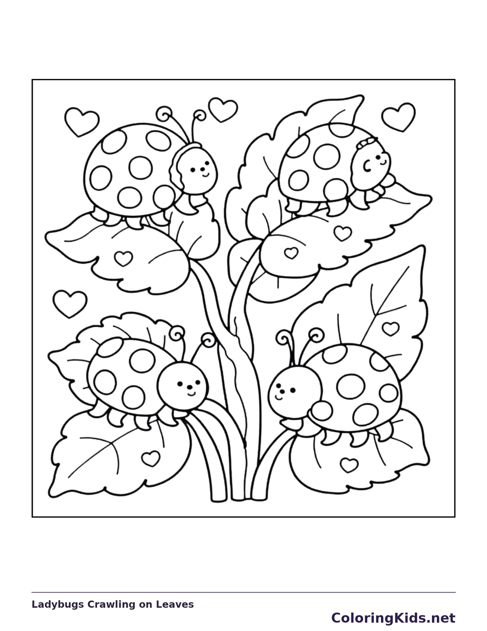 Ladybugs Crawling on Leaves coloring page, black and white printable line art