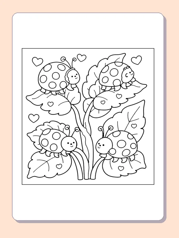 Ladybugs Crawling on Leaves coloring page, black and white printable line art