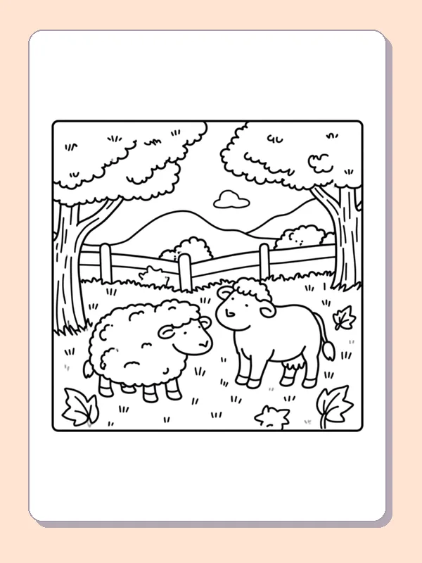 Lamb and Calf in an Autumn Field coloring page, black and white printable line art