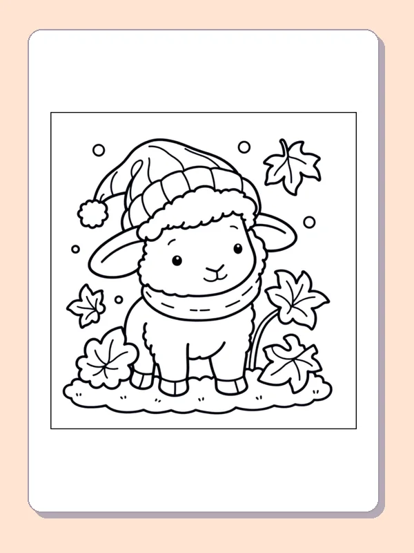 Lamb in a Cozy Winter Hat coloring page, black and white printable line art