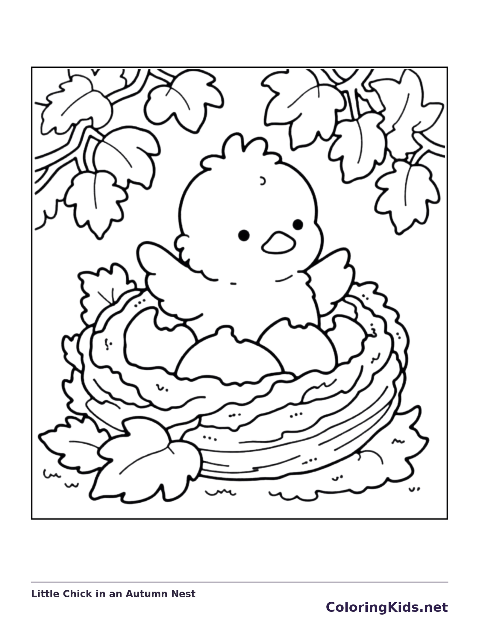 Little Chick in an Autumn Nest coloring page, black and white printable line art