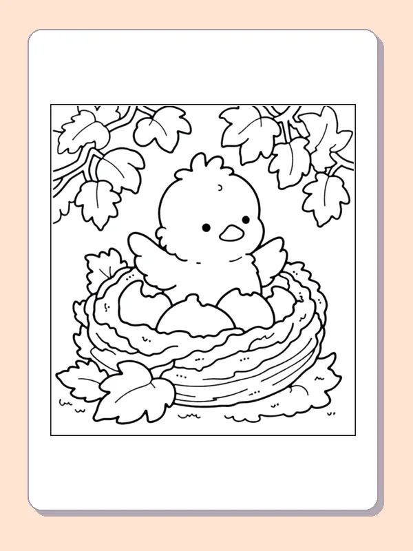 Little Chick in an Autumn Nest coloring page, black and white printable line art