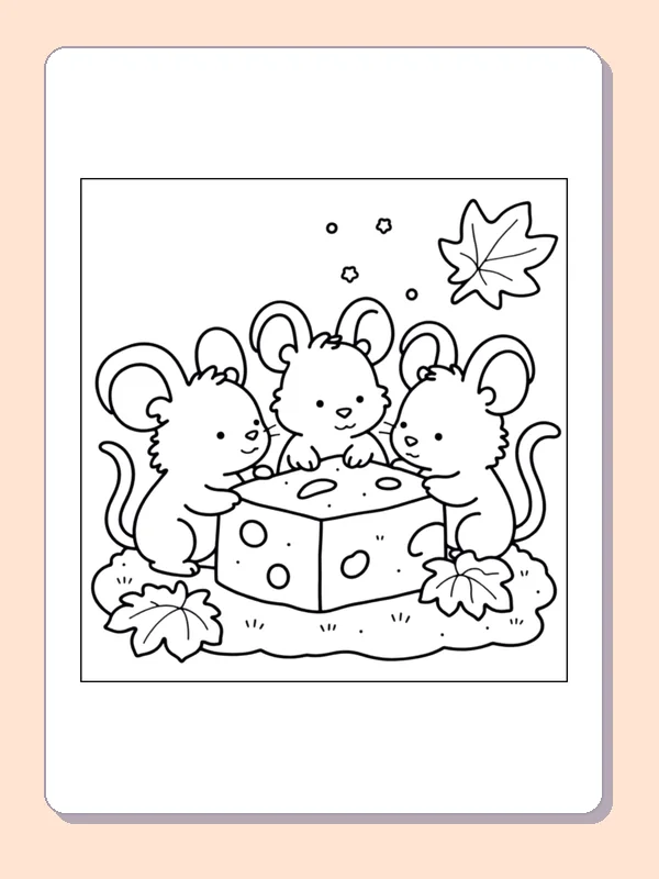 Mice Sharing a Piece of Cheese coloring page, black and white printable line art