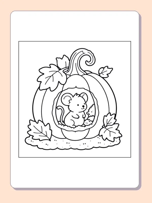 Mouse Inside a Harvest Pumpkin coloring page, black and white printable line art