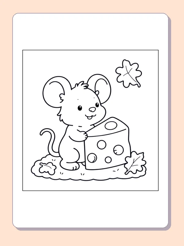 Mouse with a Piece of Cheese coloring page, black and white printable line art