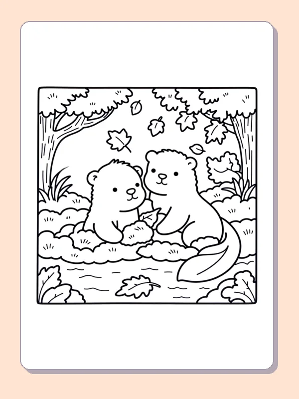 Piglet and Chick Under Fall Trees coloring page, black and white printable line art