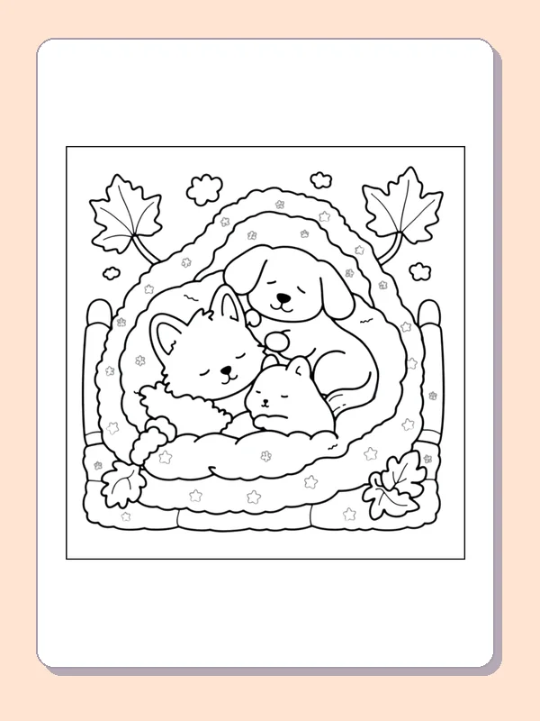 Puppies Curled in a Woodland Den coloring page, black and white printable line art
