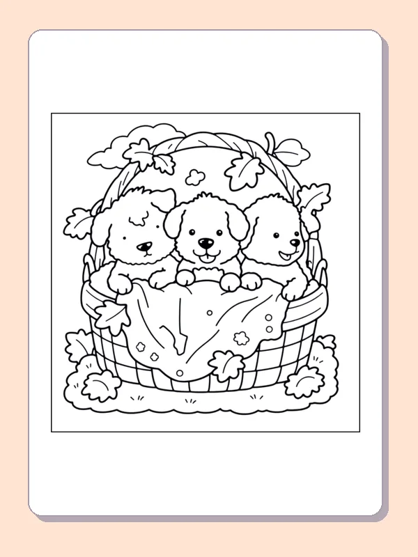 Puppies in a Basket of Leaves coloring page, black and white printable line art