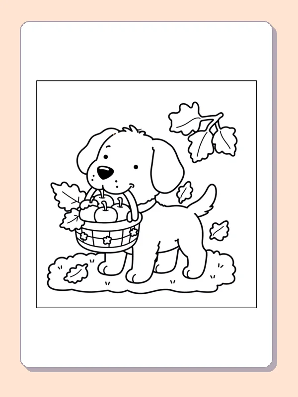 Puppy Carrying a Harvest Basket coloring page, black and white printable line art